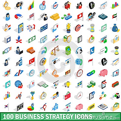 100 business strategy icons set, isometric style Vector Illustration