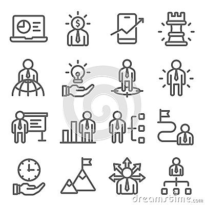 Business strategy icons set vector illustration. Contains such icon as head hunting, employee management and more. Expanded stroke Vector Illustration