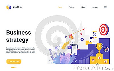 Business strategy landing page, businessman character climbing high stairs to aim goal Vector Illustration