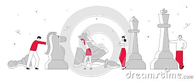 Business Strategy Plan, Businessmen and Businesswomen Characters Team Playing Chess. Strategic Game for Leadership Vector Illustration