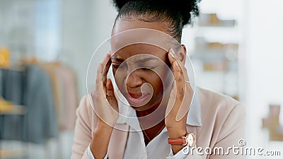 Business, stress and black woman with headache in office frustrated by brain fog, pain or crisis. Anxiety, face and Stock Photo