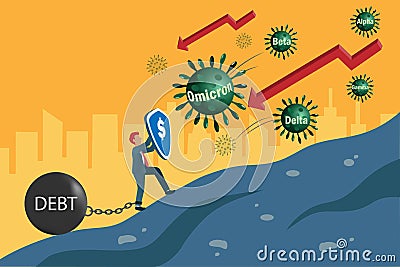 Business struggling from Omicron coronavirus variant. Businessman with debt and shield fighting with Covid19 variant for business Vector Illustration
