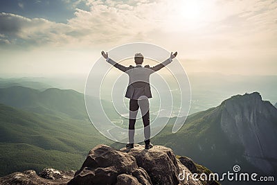 business success and achievement concept idea, businessman standing on the top of a mountain, inspirational image reaching goals Stock Photo