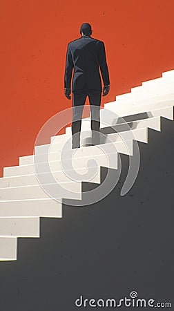Business success businessman stands triumphantly on staircase, achieving goals Stock Photo