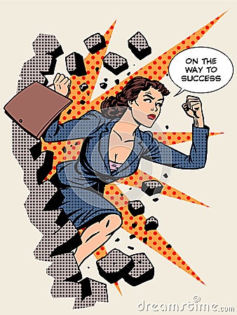 Business success businesswoman breaks the wall Vector Illustration