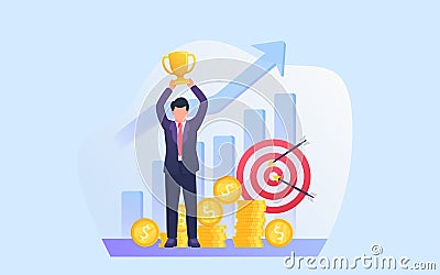 Business success concept with businessman lifting trophy with target goals and money as background Stock Photo