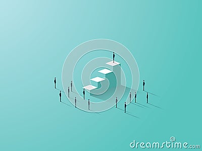 Business success concept with businessman standing on top of stairs, tiny businessmen around. Vector Illustration