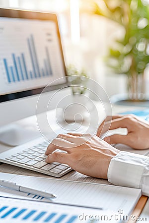 business success concept, Focused hands skillfully navigating a keyboard, with notebooks and a projector displaying a strategy Stock Photo