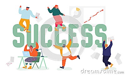 Business Success Concept. Joyful People Dance and Throw Papers after Successful Deal or Contract Signing. Managers Team Vector Illustration