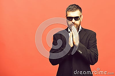 Business and success concept. Man with beard and classic suit Stock Photo