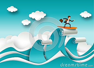 Business success concept vector poster in paper art origami style. Businessman surfing on a top of the wave. Sea waves Vector Illustration