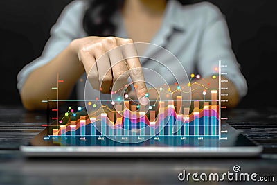 Business success Finger points on graph, symbolizing profit and growth Stock Photo