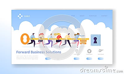 Business Success Key Landing Page Template. Cooperation and Teamwork is Secret for Motivation Work Strategy for Website Vector Illustration