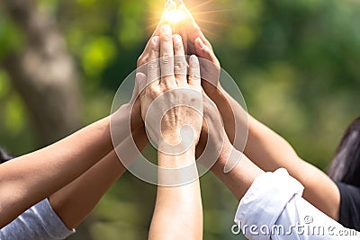 Business success Team which hand of the work force combine power tag team or Group of diversity people hands. Stock Photo