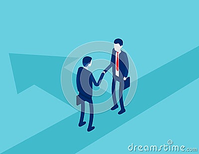 Business in suits shake hands. Business agreement and contract concept. Isometric vector cartoon style design Vector Illustration