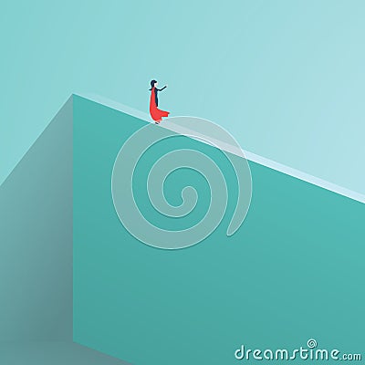 Business superhero businesswoman standing on high wall. Symbol of business courage, bravery, fearless, power. Symbol of Vector Illustration