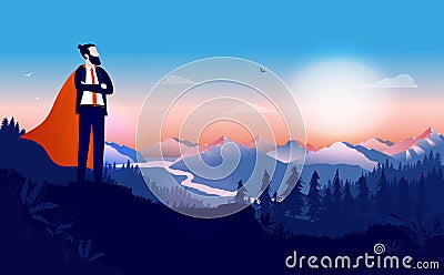 Business superhero with cape standing in landscape Vector Illustration