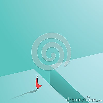 Business superhero standing over big hole, gap, chasm. Business concept of power, strength, courage, bravery and success Vector Illustration