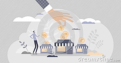 Business support with financial money help in crisis tiny person concept Vector Illustration