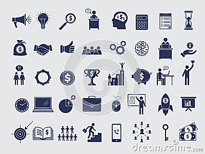 Business symbols collection. Diagram money managers at work bag handshake team arrows pc laptop vector icons isolated Vector Illustration