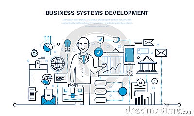 Business systems development, analysis and research, marketing, planning, graph, strategy. Vector Illustration