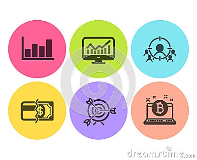 Business targeting, Statistics and Report diagram icons set. Payment methods, Target and Bitcoin signs. Vector Vector Illustration