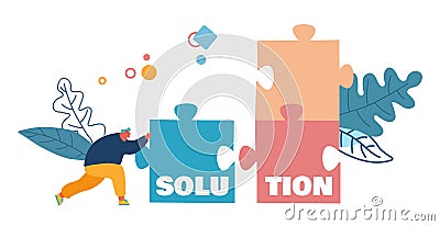 Business Task Solution, Compromise and Problem Solving Concept. Man Pushing Huge Puzzle Piece to Assemble Jigsaw Vector Illustration