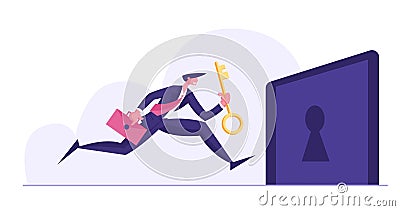 Business Task Solution Concept. Businessman Character Holding Briefcase Carry Huge Heavy Golden Key to Unlock Keyhole Vector Illustration