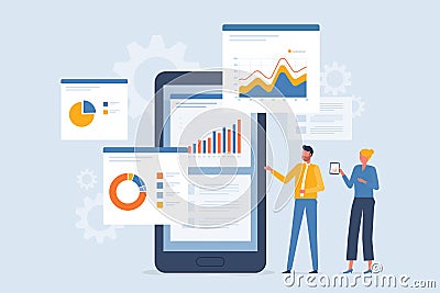 business team analytics and monitoring on web report dashboard monitor and data analytics research Vector Illustration