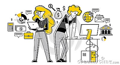 Business team analyzing and organizing financial deals online vector outline illustration, entrepreneurs teamwork company leader Vector Illustration