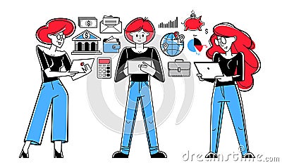 Business team analyzing and organizing financial deals online vector outline illustration, entrepreneurs teamwork company leader Vector Illustration