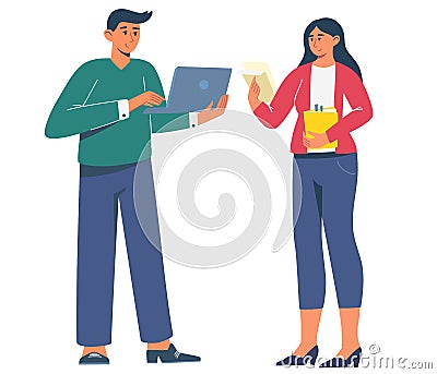 Business team applauding. Man and a woman with laptops and papers confer. Healthy social relationships, interaction concept. Teams Vector Illustration