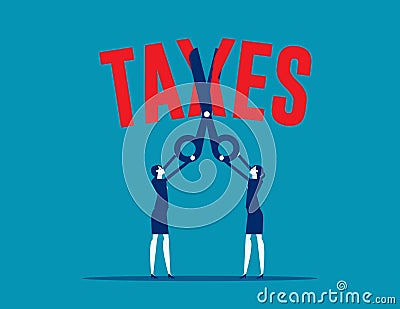 Business team with big scissors cutting taxes. Tax cut concept Vector Illustration