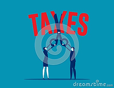 Business team with big scissors cutting taxes. Tax cut concept Vector Illustration