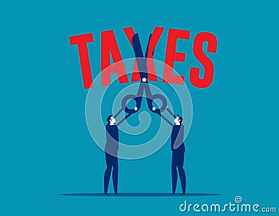 Business team with big scissors cutting taxes. Tax cut concept Vector Illustration