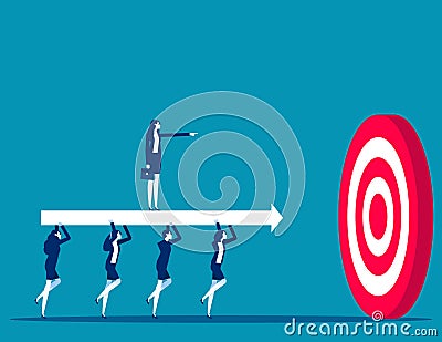 Business team carry huge arrow with leader standing on it running to huge target. Business goals achievement vector concept Vector Illustration