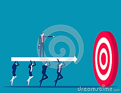 Business team carry huge arrow with leader standing on it running to huge target. Business goals achievement vector concept Vector Illustration