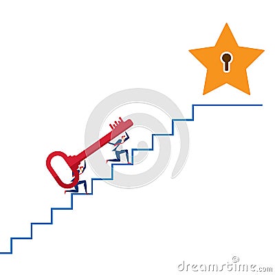 Business team carrying The Key on stair to target and success point. Stairs step to success. Vector Illustration
