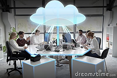 Business team with cloud computing hologram Stock Photo