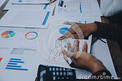 Business team collaboration discussing working analyzing with financial data and marketing growth report graph in team, Stock Photo