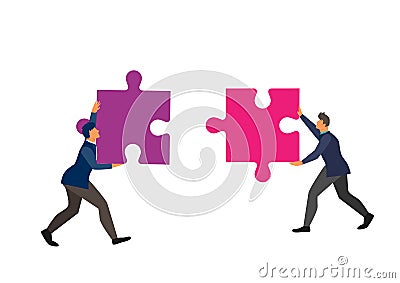 Business team concept two business people connect two elements Symbol of collaboration, cooperation, partnership. Flat style Vector Illustration