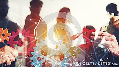 Business team connect pieces of gears. Teamwork, partnership and integration concept with network effect. double Stock Photo