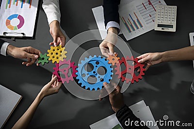 Business team connect pieces of gears. Teamwork, partnership and integration concept Stock Photo