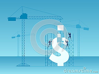 Business team construction crane and building money. Investment and success concept. Vector Illustration