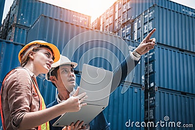 Business Team Container Cargo Shipping Control Inspection Loading Dock and Management Import/Export Freight at Port Ship Yard. Stock Photo