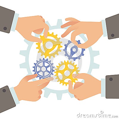 Business team. Contribution to big system, hands control mechanism of gears, people cooperation and collaboration Vector Illustration