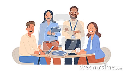 Business team at the desktop. Happy colleagues working together. Portrait of office workers Cartoon Illustration
