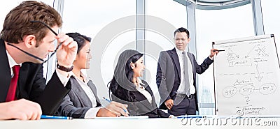 Business team discussing acquisition in meeting Stock Photo