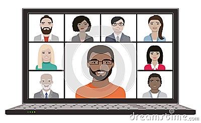 Business team faces hangout with remote video meeting online on laptop screen Vector Illustration