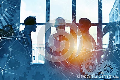 Business team with gears system. Teamwork, partnership and integration concept with network effect. double exposure Stock Photo